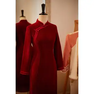 紅色旗袍秋冬季媽媽結婚禮服喜婆婆婚宴裝2023新款高端喜服婚禮冬