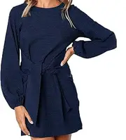 [Generic] Women?S Elegant Long Lantern Sleeve Short Dress Crewneck Tie Waist Cocktail Dress Fall Solid Bodycon Wrap Mini Dresses