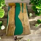 Green Epoxy Resin Dining Table Top Custom Live Edge Acacia Wood with Iron Legs