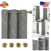 Luxurious Light Grey Blackout Drapes with Gold Wave Design - Set of 2, 42x72"