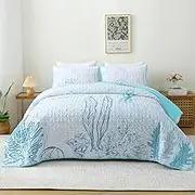 Heymybed Coastal Queen Quilt Set - 3 Piece Lightweight Microfiber Bedspread Queen Size with Shams, All Season Blue and White Bedding Set 96"×90"