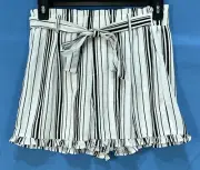 NWT L LOVE White/Black STRIPED Crepe TIE-FRONT Pockets RUFFLED Paperbag Shorts L
