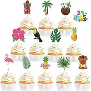 24 Pcs Hawaiian Cupcake Toppers, Disposable Pineapple Flower Palm Tree Flamingo Cake Picks, Aloha Cake Decorations for Summer Hawaiian Luau Theme Birthday, Wedding Party Supplies