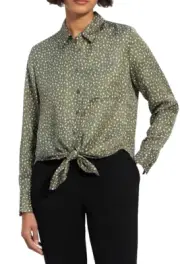 Theory Hekanina Long Sleeve Tie-Front Shirt Blouse Olive Green Polka Dot Print P
