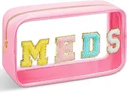 Chenille Letter Bag Nylon Portable Makeup Cases Preppy Patch with Zipper Cosmetic Toiletry Storage Bag for Women, Pink, Delicate Meds