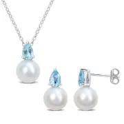 Amour Sterling Silver Blue Topaz & FW Pearl Stud Earrings, Pendant & Chain Set