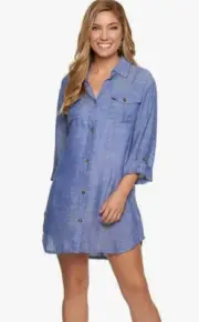 Dotti Women's Wovens Collared Button Up Shirt Dress Swim Cover Up Blue S 2648