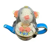 Amigurumi Crochet Teapot White Mouse w Gray Hair Earrings Purse Handmade by Me