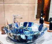 24" Round Blue Agate Stone Powder Room Sink Handmade Agate Vanity Top Vessel Dec