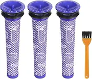 Pack of 3 Washable Pre Motor Stick Filter Accessories for Dyson V6 V7 V8 DC58 DC59 DC61 DC62 DC74 Vacuum Cleaner Accessories (with Cleaning Brush)