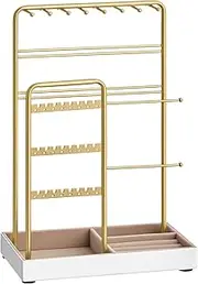 SONGMICS Jewelry Holder, Jewelry Organizer, Holiday Gifts, Jewelry Display Stand with Metal Frame and Velvet Tray, Necklace Earring Bracelet Holder, for Studs, Rings, Gold Color UJJS021A01