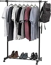 IRIS USA AGRE-1 Adjustable and Extendable Single-Rod Clothes Garment Rack with Lockable Wheels, Black
