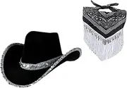 [Colaxi] Cowboy Hat with Fringed Bandana Set, Cowgirl Hat Soft Wide Brim Novelty Party Hat Sunhat for Summer Carnival Performance West Party