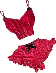 [Generic] Silky Lingerie for Women V-Neck Women Stain Set Bowknot Sexy Shorts Camisole Velvet Pajamas Plus Size Silk Lingerie for Women 3X