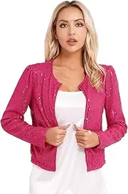 [Hedmy] Women's Sequins Jacket Open Front Sparkly Cropped Blazer Long Sleeves Cardigan Tops Shiny Coat Clubwear