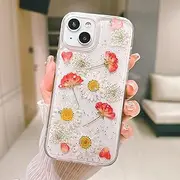 ELEPIK Real Flower Series for iPhone 13 Mini Case Clear, [Handmade Real Flower Design] Glitter Cute Floral Pattern Slim Soft TPU Protective Women Girl's Phone Cover, Red