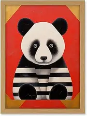 Artery8 Panda with Stripes Fun Kids Bedroom Baby Nursery Bright Bold Artwork Red Black White Artwork Framed A3 Wall Art Print