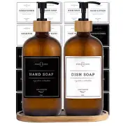 Amber Glass Soap Dispenser Set - Kitchen Soap Dispenser Set with Tray - Bambo...