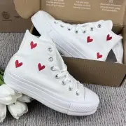 NEW Womens Size 7 Custom Converse Heart Embroidered High Top Platform White Shoe