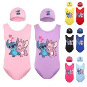 Stitch Girls Swimsuit One Piece Swimwear Fashion Lilo And Stitch Swimwear For Children Summer Bathing Suits+cap black 130cm