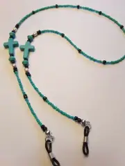 TURQUOISE EYEGLASS CORD WITH CHRISTIAN CROSS ACCENT/ SILVER ACCENTS