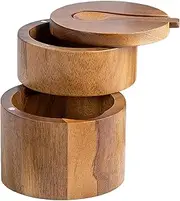 Wooden Salt Box,Storage Box Sea Salt Containers - Salt Keeper, Round Kitchen Salt Holder, Salt Pepper Box with Double Layer for Kitchen Condiment