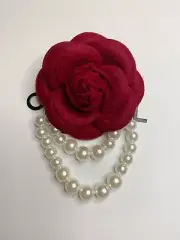 Camellia Brooch Pin With Pearl Chains New Handmade Wine Red