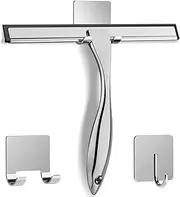 All-Purpose Stainless Steel Shower Squeegee for Shower Glass Door with 2 Adhesive Hooks, Bathroom Cleaner Tool Household Window Mirror Squeegee, Cleaning Tile Wall, Car, 10 Inch Silver