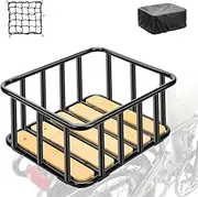 PIREKZUNT Rear Bike Basket with Waterproof Cover, Cargo Net, Wooden Basket Base, 13.8"X11.8"X6.7" Heavy Duty Metal Bicycle Rear Basket for Most Bikes and E-Bike