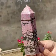 455g Natural Rhodonite Quartz Obelisk Crystal Wand Point Rose Tower Reiki Energy