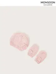 Monsoon Pink Baby Flower Hat And Mittens Set (E93424) | $42