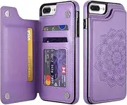 UEEBAI Case for iPhone 6 Plus iPhone 6S Plus,Luxury PU Leather Case [Two Magnetic Clasp] [Card Slots] Stand Function Embossed Mandala Pattern Half Flower Durable Soft TPU Back Wallet Cover - Purple#2