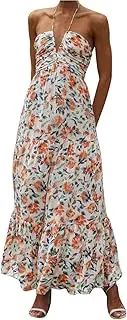 [Generic] Travel Dress for Women Women's Floral Chiffon V Neck Sleeveless Patchwork Large Hem Long Dress Dress Pants Casual Women
