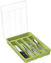 Lifewit Silverware Organizer with Lid, Covered Utensil Tray for Kitchen Drawer and Countertop, Plastic Cutlery and Flatware Storage Box for Spoons Forks Knives Holder Case, 5 Compartments, Green