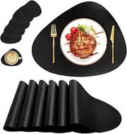 QPIX DIGITAL Placemats Set of 6, Faux Leather placemats with Coasters, Black Placemats, Heat Stain Scratch Resistant Waterproof Oil-Proof Washable Wipeable Place Mats for Dining Patio Table Kitchen