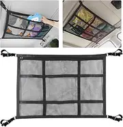 Travel Cargo Net SUV Ceiling Cargo Net Pocket，80 x 55 cm Adjustable Double Large Car Ceiling Storage Net, Mesh Car Roof Organizer Long Trip Storage Bag for SUV Long Trip Camping (Black)