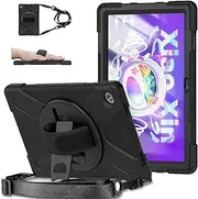 [Herize] Case Cover for Lenovo Tab M10 Plus (3rd Gen) 10.6" 2022 w/Stylus Holder & 360° Rotating Kickstand, Heavy Duty Hybrid Shockproof Cover with Hand/Shoulder Strap TB125FU/TB128FU/TB128XU (Black)