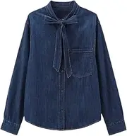 [Generic] Long Sleeve Denim Shirts for Women Button-up Patch Pocket Female Blouses Chic Tops