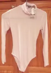 Womens BOOHOO~WHITE Roll Neck BODYSUIT TOP~NWT size 8 Jersey KNIT Turtleneck NEW