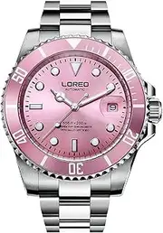 [LOREO] Mens Silver Stainless Steel Sapphire Glass Black Rotating Bezel Men's Automatic Watch