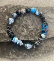 Men's Beaded Stretch Bracelet 10mm Fire Agate Blue White & Black 7.5" Bracelet