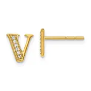 Solid 14k Yellow Gold Simulated CZ Initial V Earrings