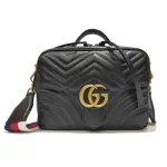 【GUCCI 古馳】498100 經典GG MARMONT 仿舊金色 LOGO牛皮暗釦手提/斜背/化妝兩用包(全新展示品－黑色)