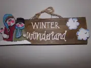 WHIMISCAL hand painted SNOWMAN WINTER WOOD wall hanging 7"x19" SEE NOTES