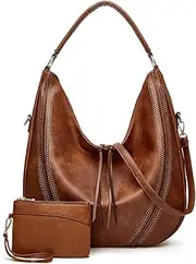 [RHOCKYRHIVER] Hobo purses for Women Large Crossbody Bags Ladies Leather Tote Bag Boho Satchel Bags with Tassel Work Shoulder Handbags with Strap 2PC