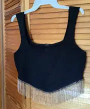 Forever 21 Rhinestone Fringe Black Ribbed Sweater Cropped Top - size XL
