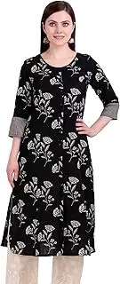 [ladyline] Women's Cotton Long Tunic Kurti Top with Button Front, Pocket & 3/4 Sleeves | Ethnic Indian Pakistani Printed Kurta