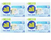 all Fabric Softener Dryer Sheets for Sensitive Skin Free Clear 195 Count 4 Pack