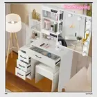 Dressing Table Stool Set Sliding Mirror Vanity Makeup Open Shelves And 4 Drawers