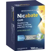 Nicabate Quit Smoking Chewing Gum Regular Strength 2mg Nicotine 100 pack